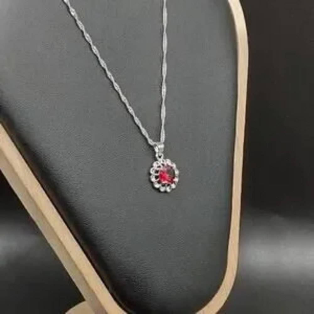 925 Silver Red Flower necklace Lab Ruby Summer BOHO Birthday VTG Fashion Gift